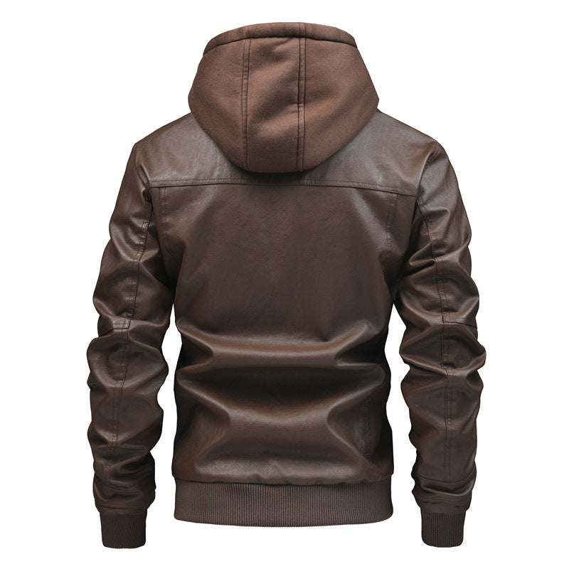 Herren Modische Kunstlederjacke mit integrierter Kapuze Drune