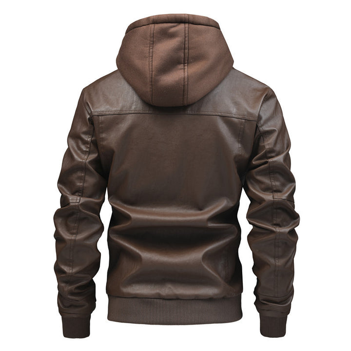 Herren Modische Kunstlederjacke mit integrierter Kapuze Drune