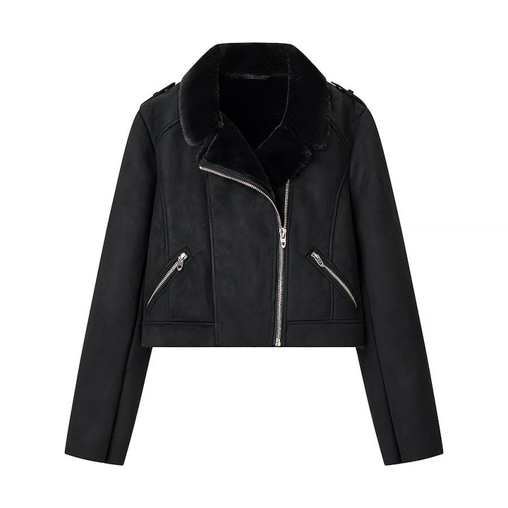 Damen Kurze Bikerjacke mit Kunstfellkragen und Wildlederoptik Drune