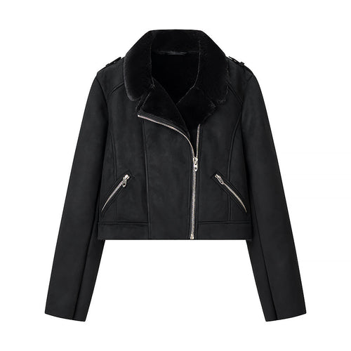 Damen Kurze Bikerjacke mit Kunstfellkragen und Wildlederoptik Drune
