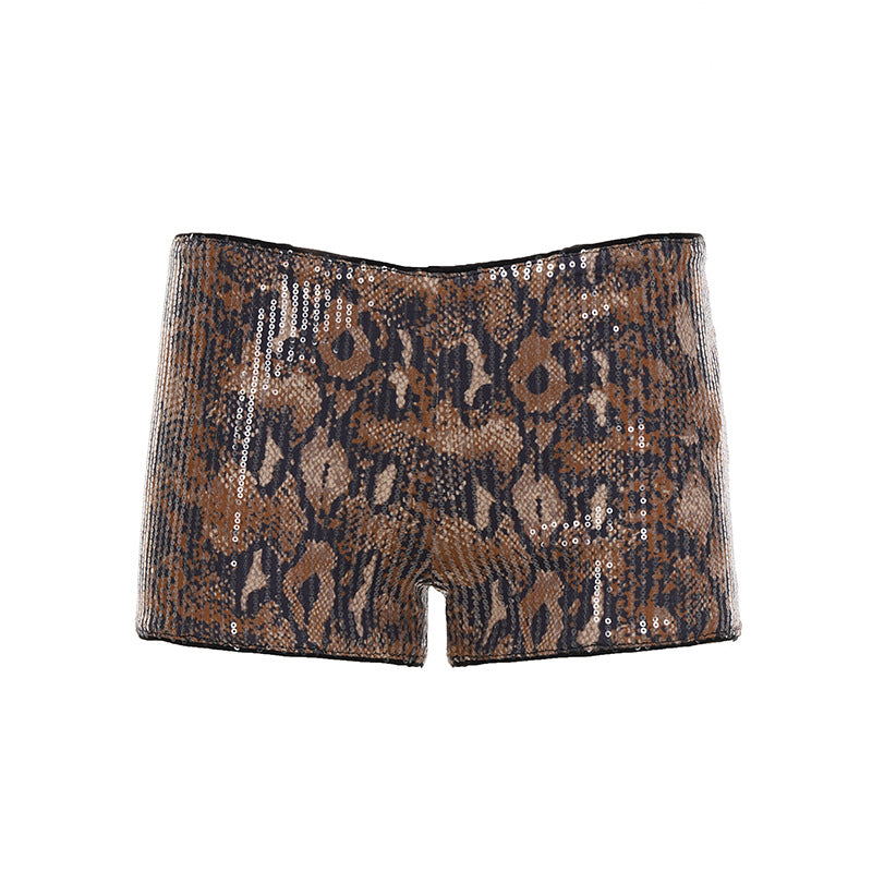 Damen Set aus schimmerndem Top und kurzen Shorts im Animal-Print Drune