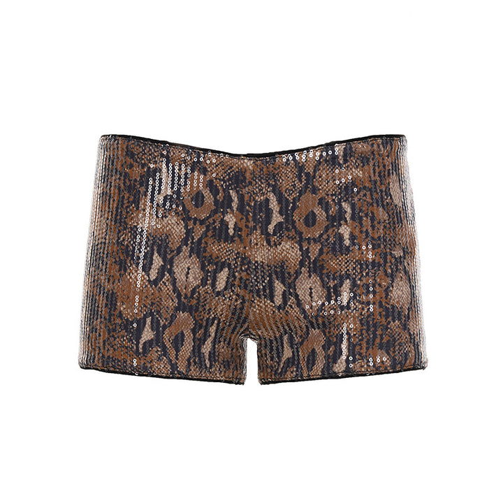 Damen Set aus schimmerndem Top und kurzen Shorts im Animal-Print Drune