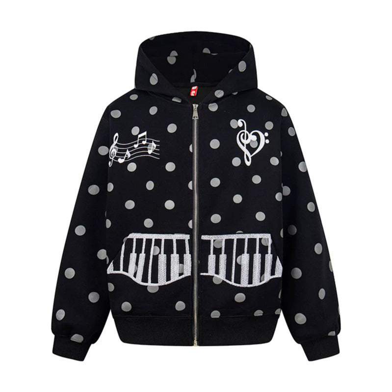 Damen Kapuzen-Sweatjacke im Retro-Punkte-Look mit gestickten Klavier-Taschen und Noten-Emblem Drune