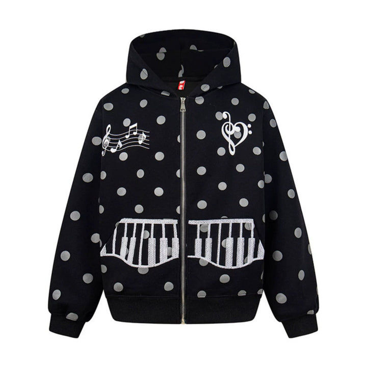 Damen Kapuzen-Sweatjacke im Retro-Punkte-Look mit gestickten Klavier-Taschen und Noten-Emblem Drune