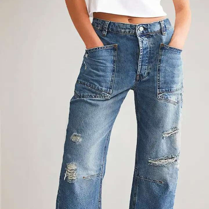 Damen nan oversized Straight-Leg-Jeans mit aufgesetzten Cargo-Taschen und Used-Effekten Drune