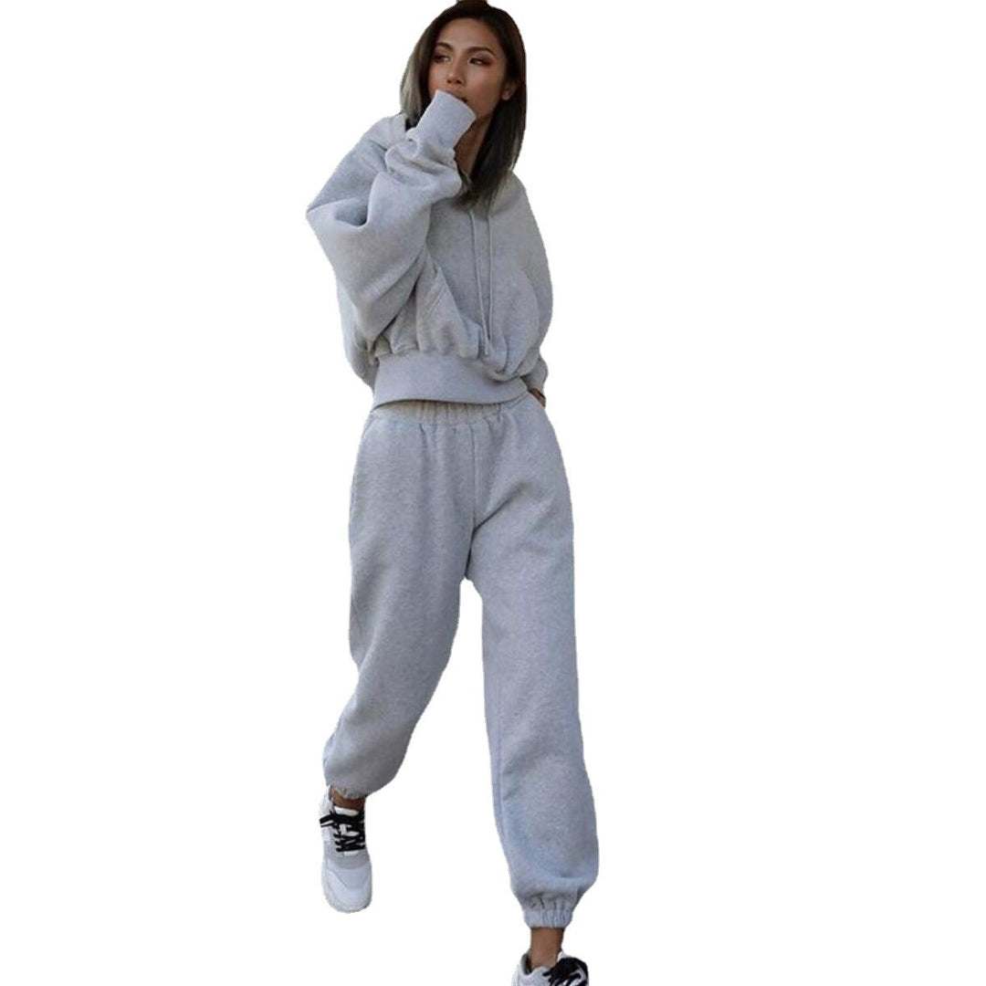 Damen kurzes Oversize-Kapuzenpullover-Set mit elastischer High-Waist-Jogginghose aus Baumwollfleece Drune
