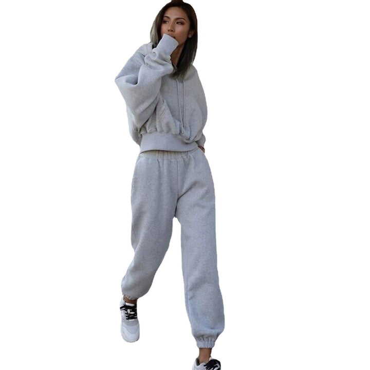 Damen kurzes Oversize-Kapuzenpullover-Set mit elastischer High-Waist-Jogginghose aus Baumwollfleece Drune