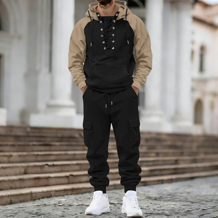 Herren Kapuzen-Sweatshirt mit vorn geschnürter Blende, Raglanärmeln und Kängurutasche Drune