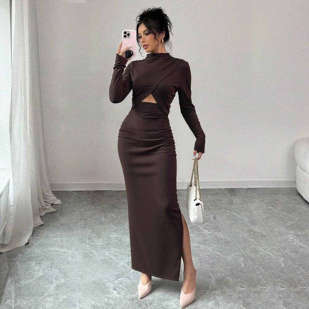 Damen geripptes Maxikleid mit gedrehtem Vorderteil Cut-Out taillierter Raffung und hohem Seitenschlitz Drune