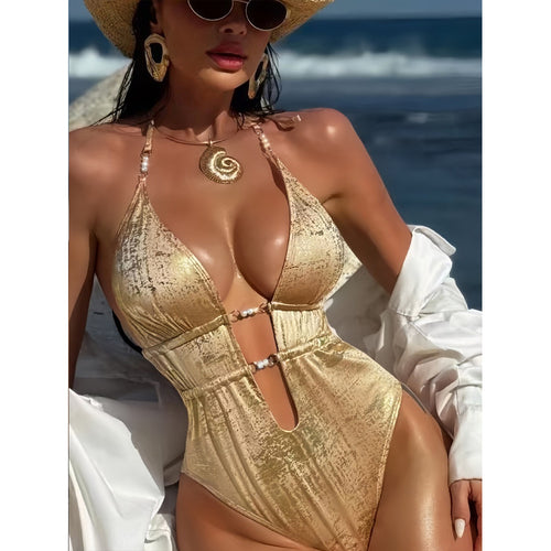 Damen Einteiler-Badeanzug mit verführerischem Cut-Out und Glanzdetails Drune