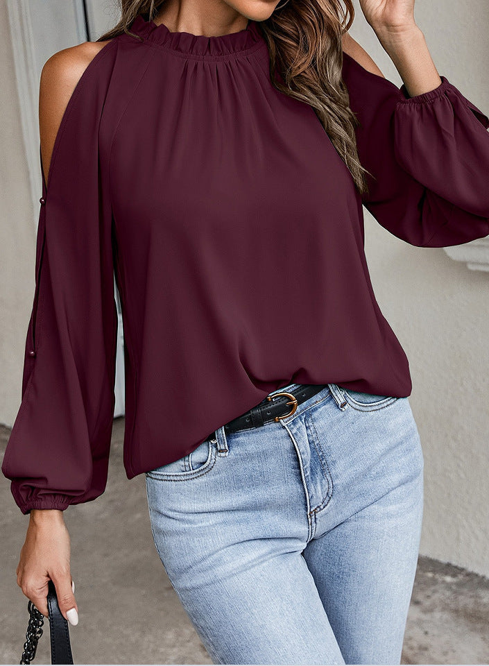 Damen schickes Oberteil mit schulterfreien Einsätzen und eleganten Rüschendetails Drune