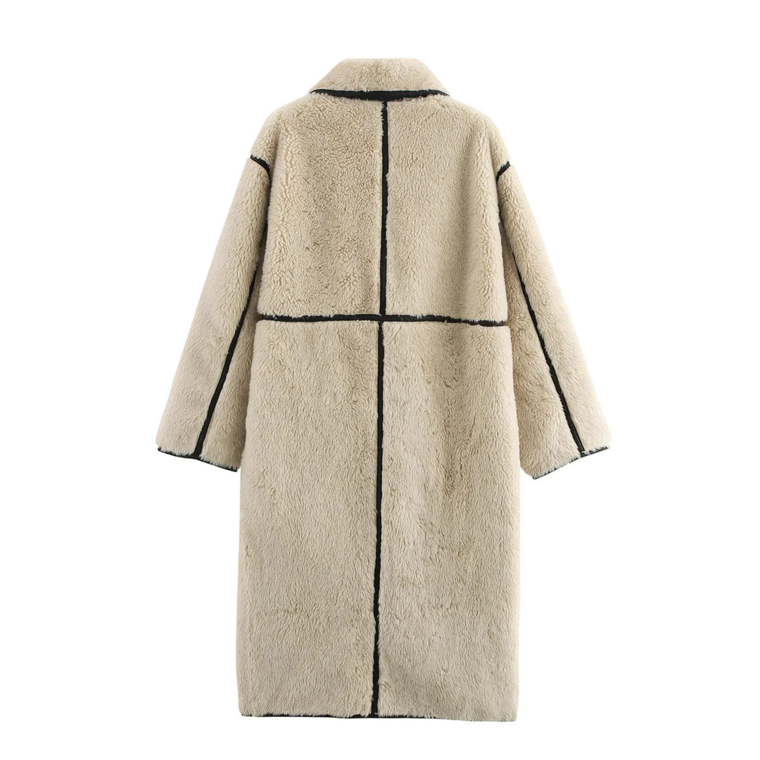 Damen nan langer Teddy-Mantel mit Knebelverschlüssen, kontrastierender Paspelierung und voluminösem Oversize-Kragen Drune