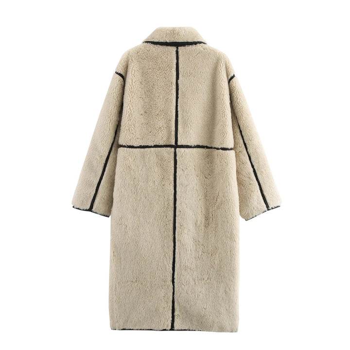 Damen nan langer Teddy-Mantel mit Knebelverschlüssen, kontrastierender Paspelierung und voluminösem Oversize-Kragen Drune