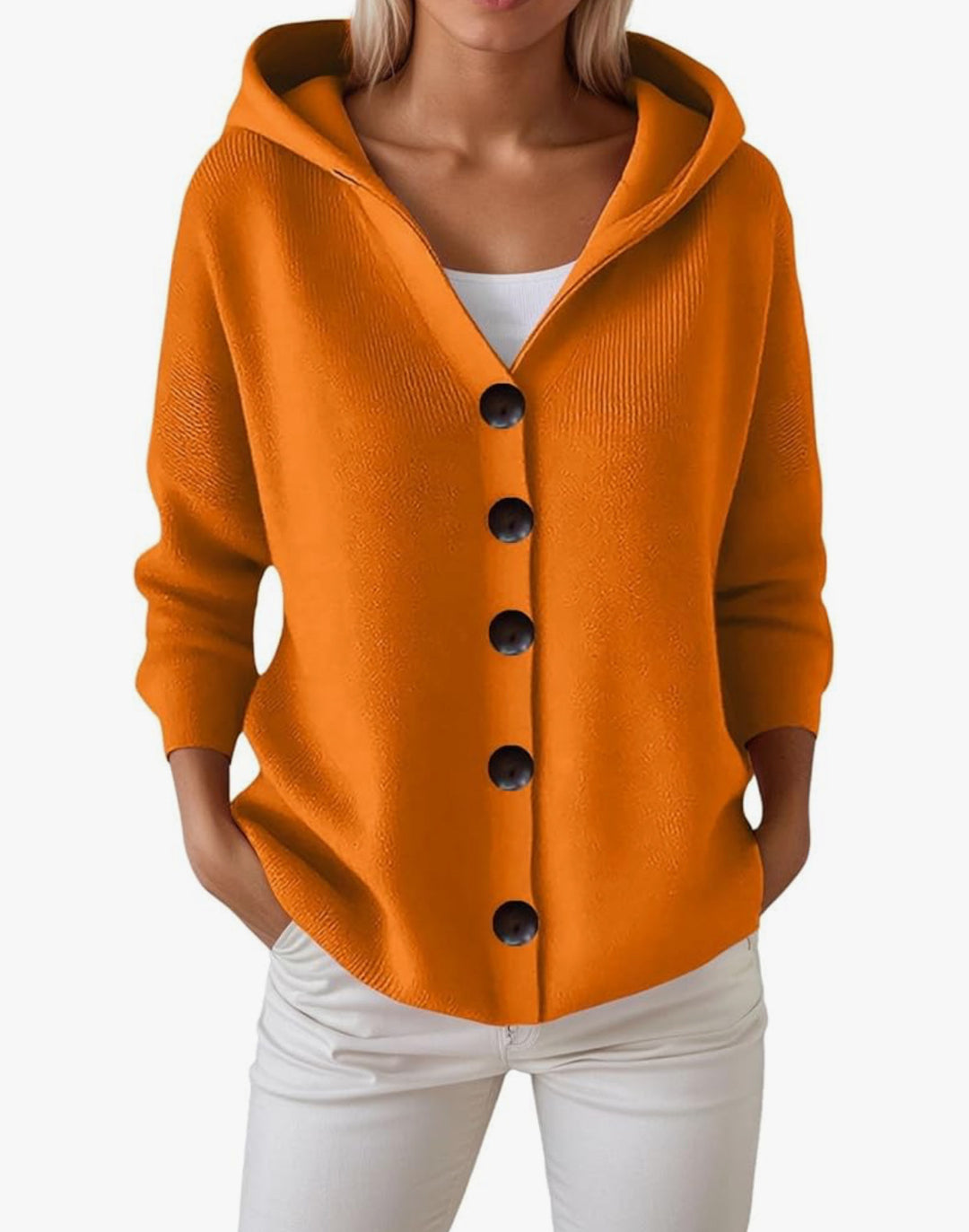 Damen Kapuzen-Strickjacke mit großen Holzknöpfen und seitlichen Eingrifftaschen Drune