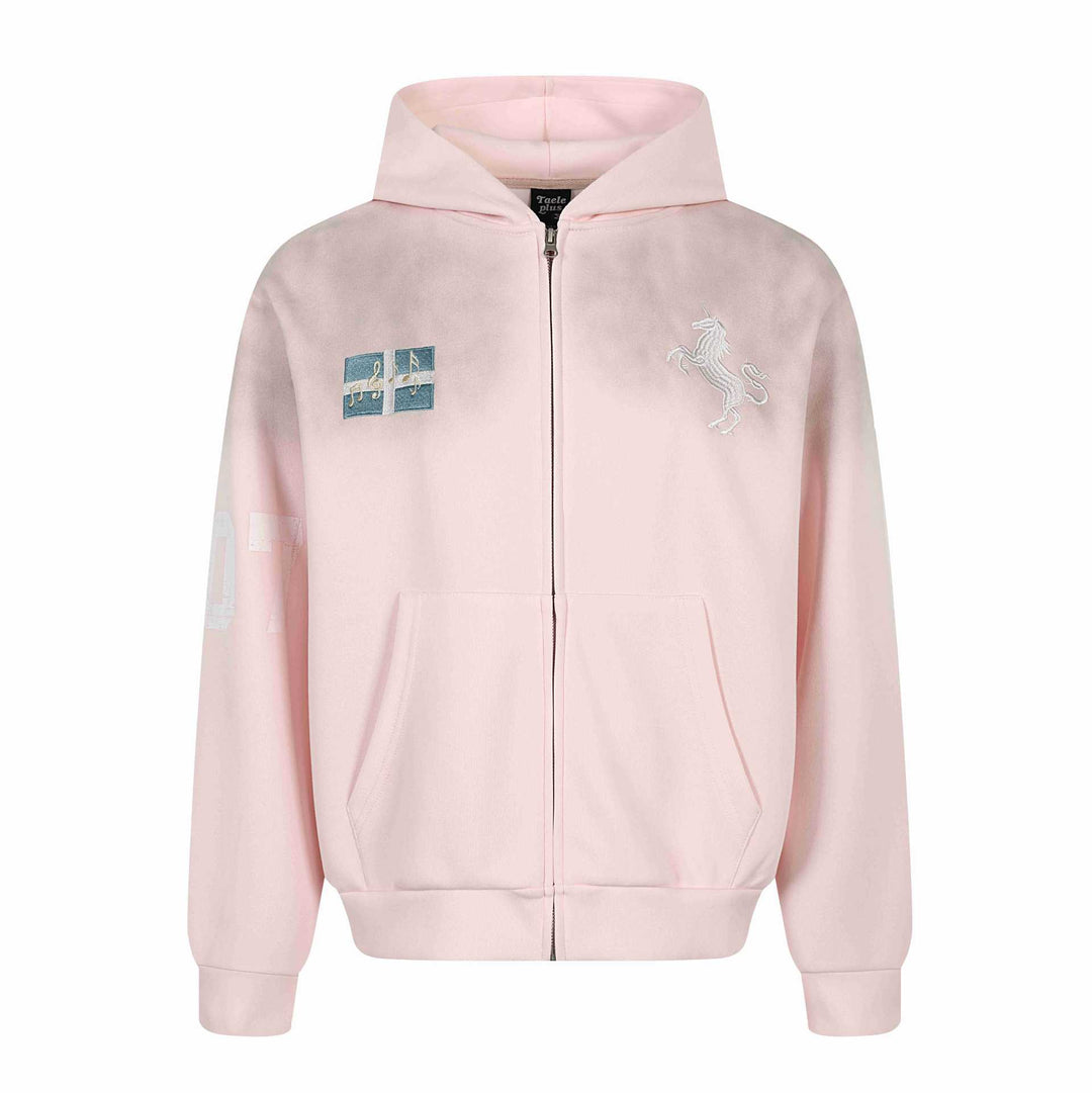 Damen Zip-Hoodie mit gesticktem Einhorn-Motiv und Musikpatch Drune