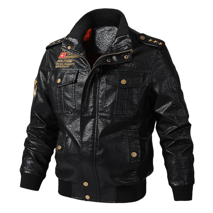 Herren Kunstleder-Pilotblouson im Military-Style mit Schulterpatten und Pattentaschen Drune
