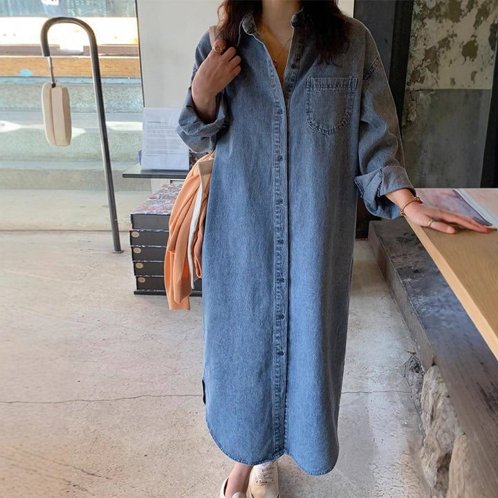 Damen Langes Oversize-Denim-Hemdblusenkleid im washed-Look mit Brusttasche und umgeschlagenen Ärmeln Drune