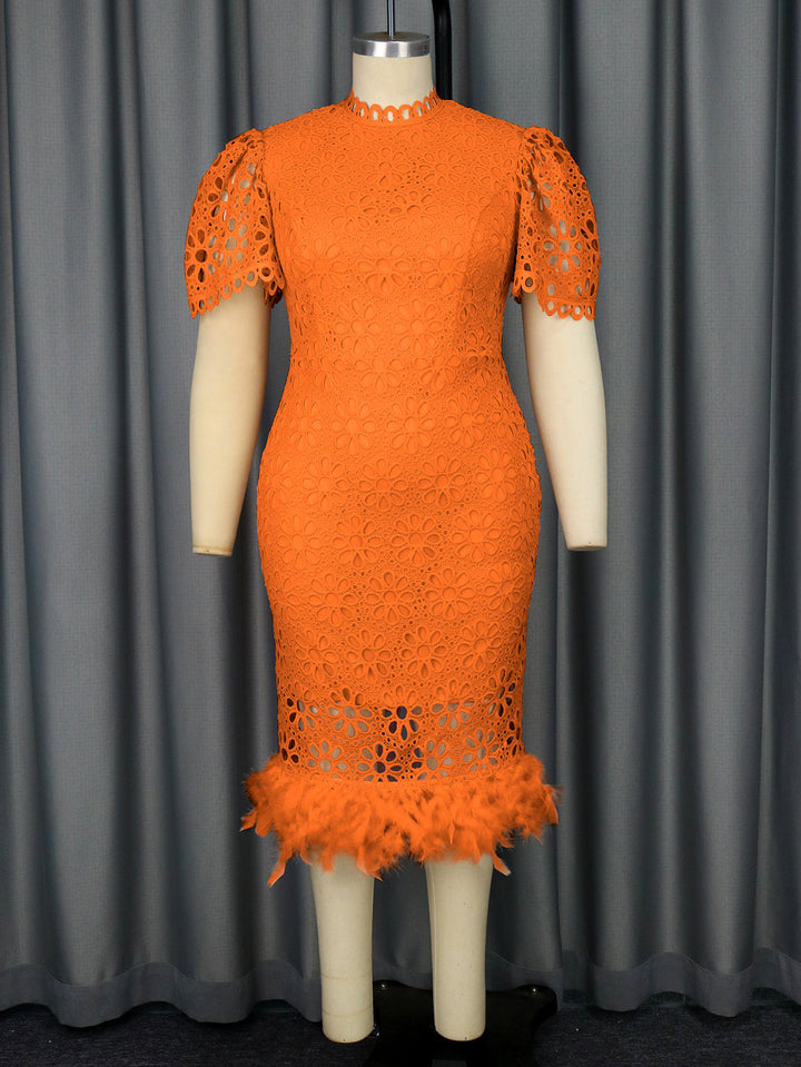 Damen Hochwertiges Spitzenkleid mit voluminösen Puffärmeln und fransigem Saum Drune