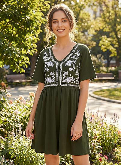 Damen Besticktes Empire-Kleid mit V-Ausschnitt, Kurzärmeln und ausgestelltem Rock Drune