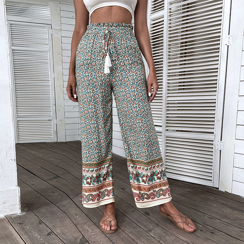 Damen Leichte Boho-Hose mit weitem Bein, elastischem Bund, Quasten-Kordel und Bordürendruck Drune