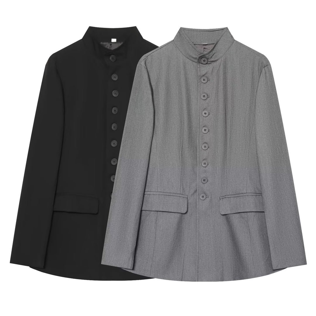 Damen taillierter Stehkragen-Blazer mit durchgehender Knopfleiste Drune