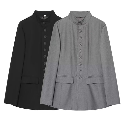 Damen taillierter Stehkragen-Blazer mit durchgehender Knopfleiste Drune