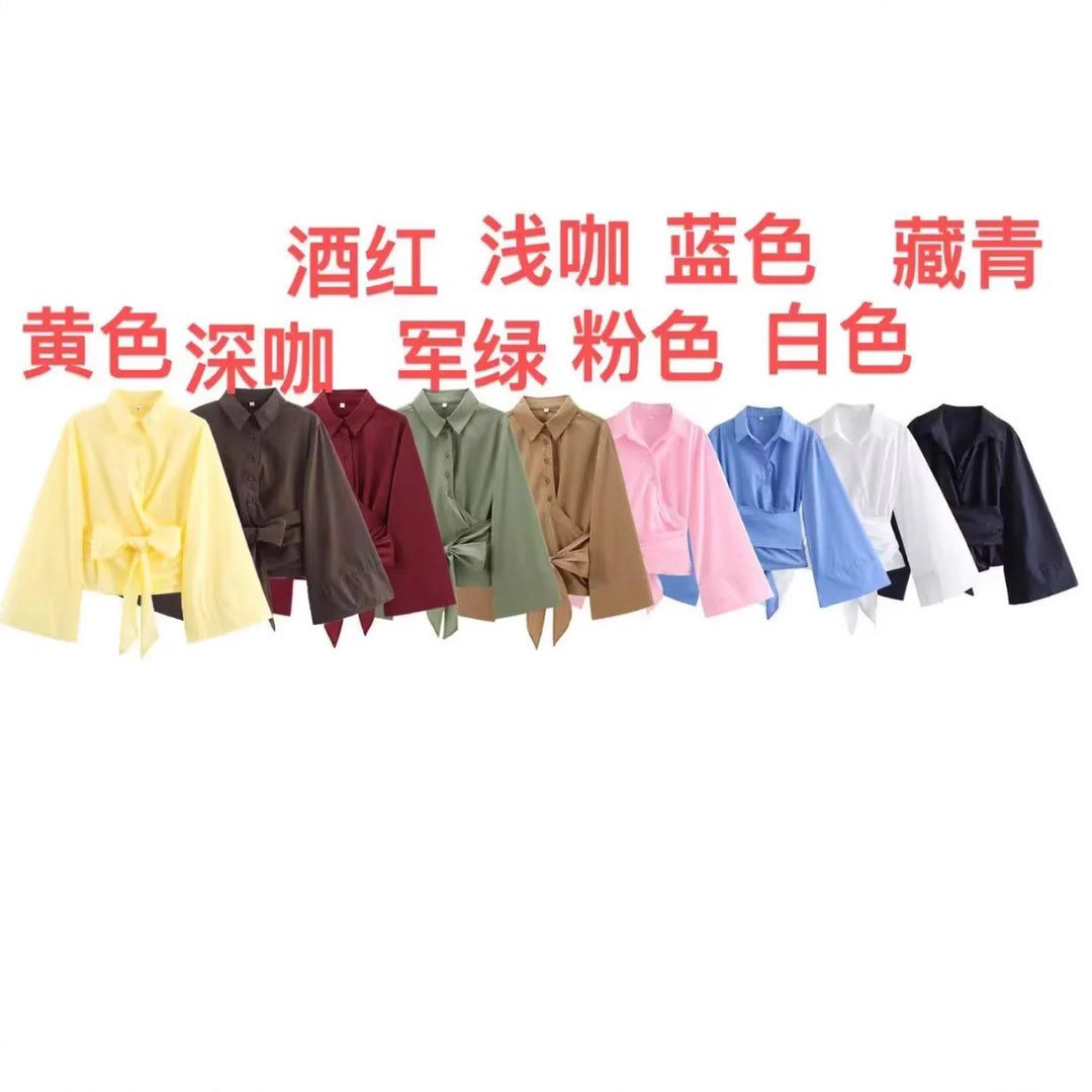 Damen 200+ elegante Wickelbluse mit weiten Kimonoärmeln und Taillenschleife Drune