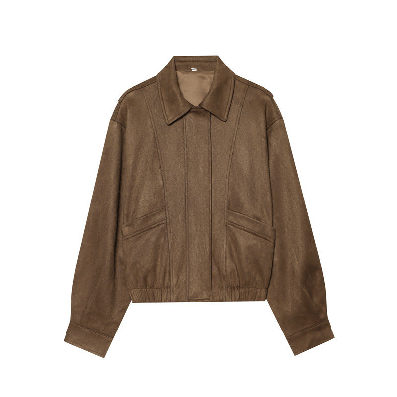Damen nan kastige vegane Lederblousonjacke mit Hemdkragen, verdeckter Frontleiste und elastischem Saum Drune