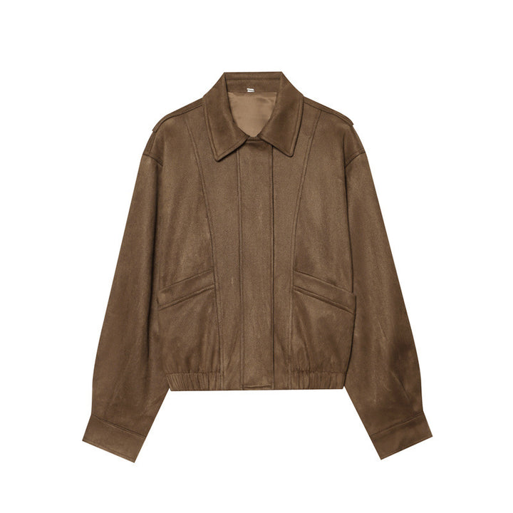 Damen nan kastige vegane Lederblousonjacke mit Hemdkragen, verdeckter Frontleiste und elastischem Saum Drune