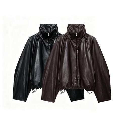 Damen Oversize Jacke im Lederlook mit hohem Funnelkragen, Raglanärmeln und Tunnelzugsaum Drune