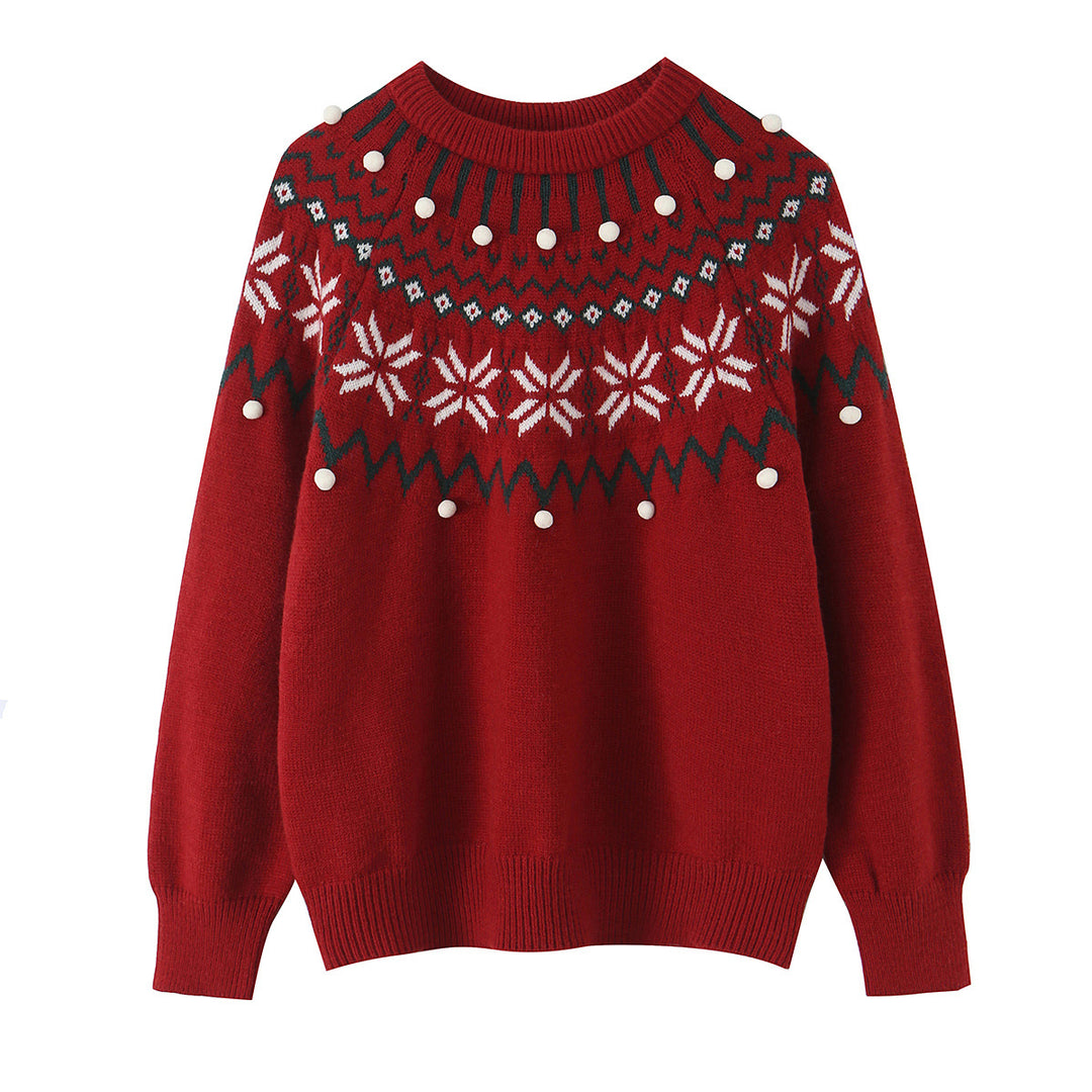 Damen nan Norwegerpullover mit Rundhalsausschnitt, jacquardgestricktem Muster und dekorativen Bommelapplikationen Drune