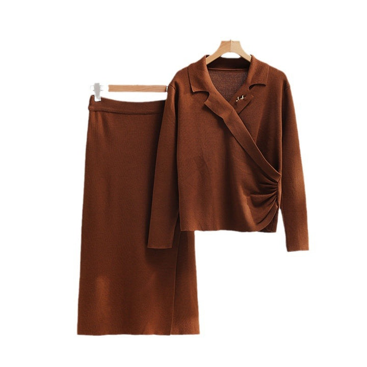 Damen elegantes Strickensemble mit Wickeloberteil und raffinierter hoher Taillierung Drune