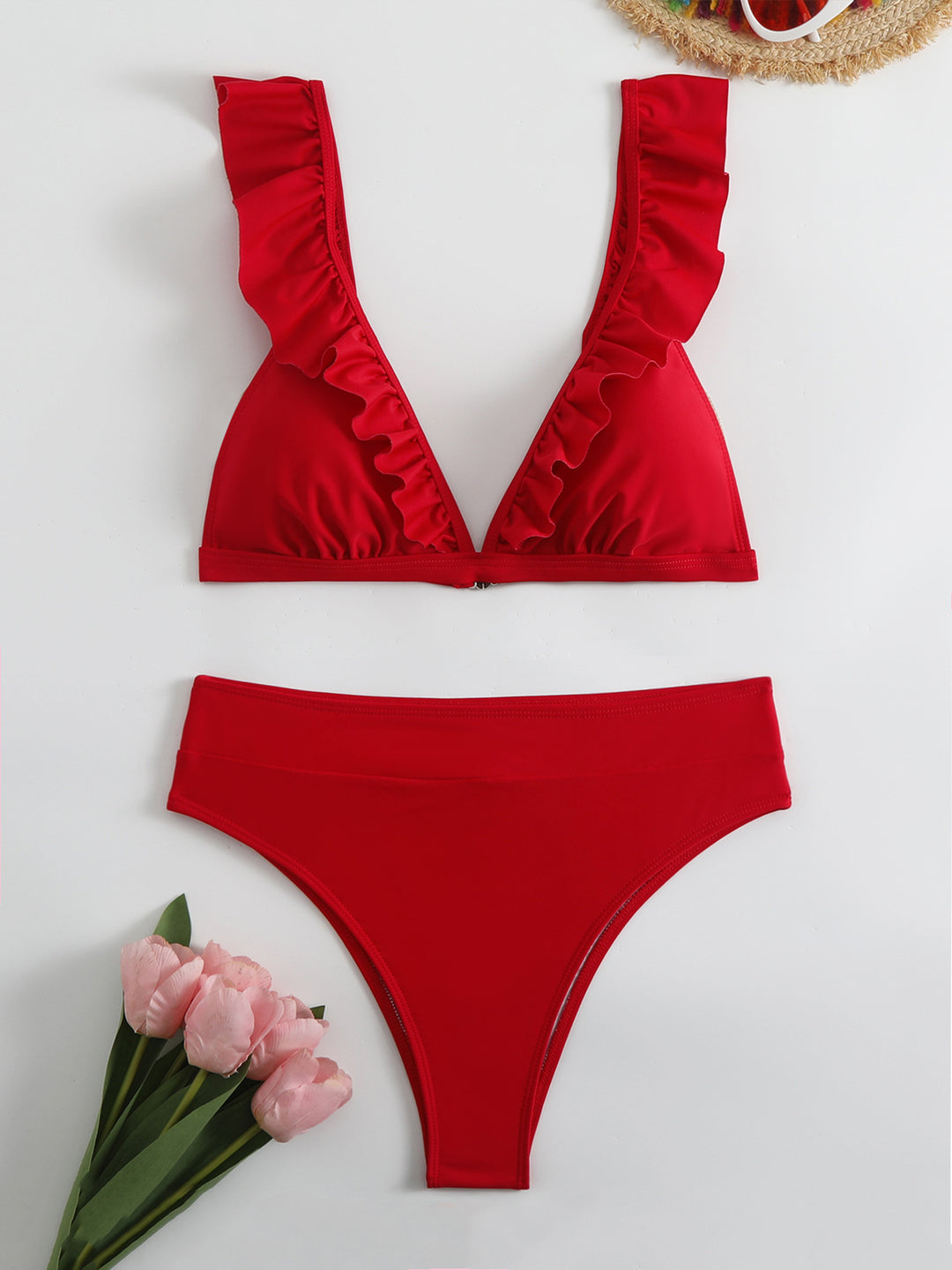 Damen Raffiniertes Triangel-Bikini-Set mit Rüschendetails Drune