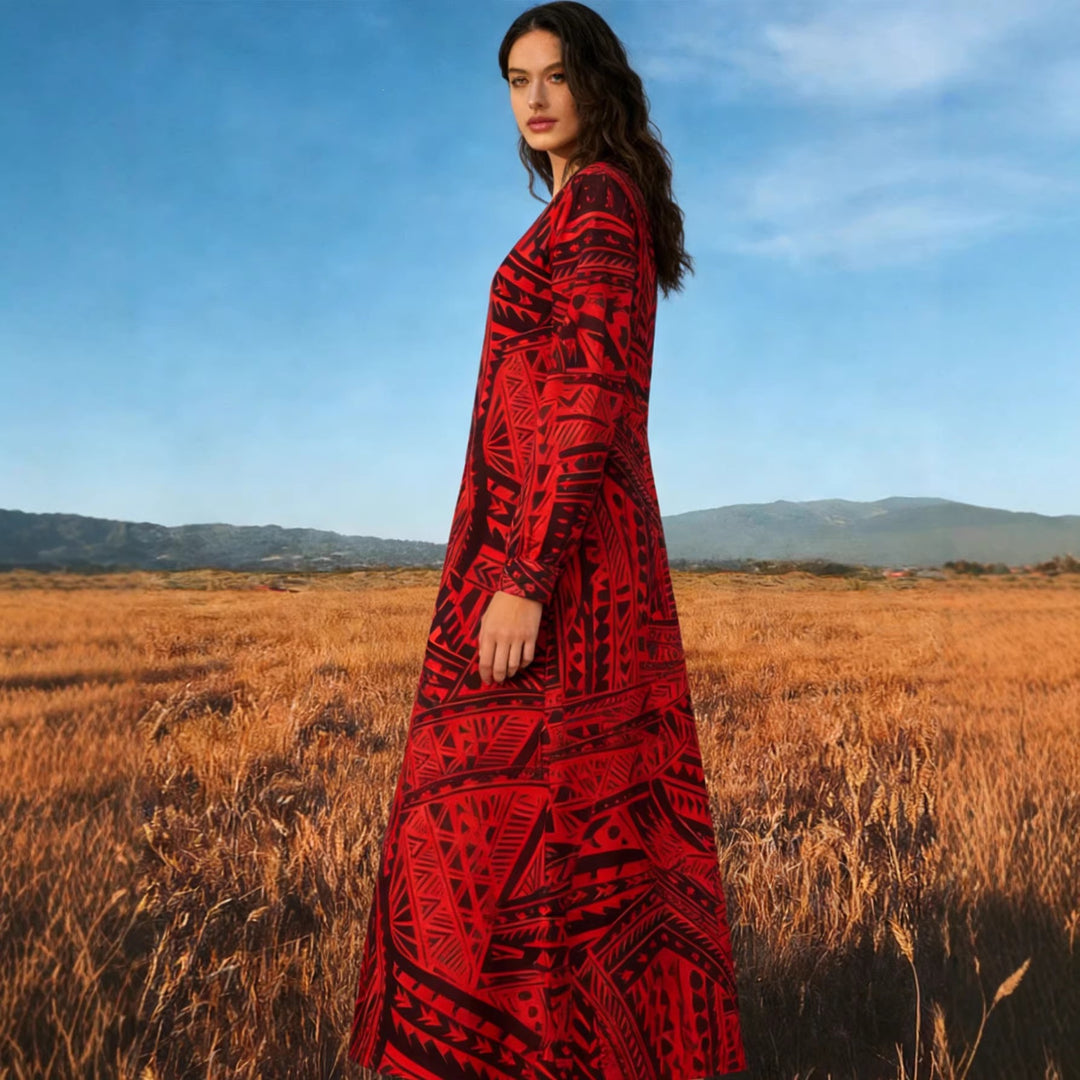 Damen Fließendes Maxikleid mit V-Ausschnitt, allover-geometrischem Print und weiter A-Linie Drune
