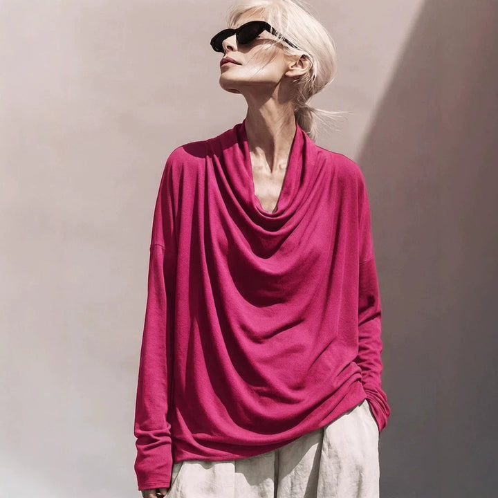 Damen Drapiertes Oversize-Langarmshirt mit Wasserfallkragen Drune