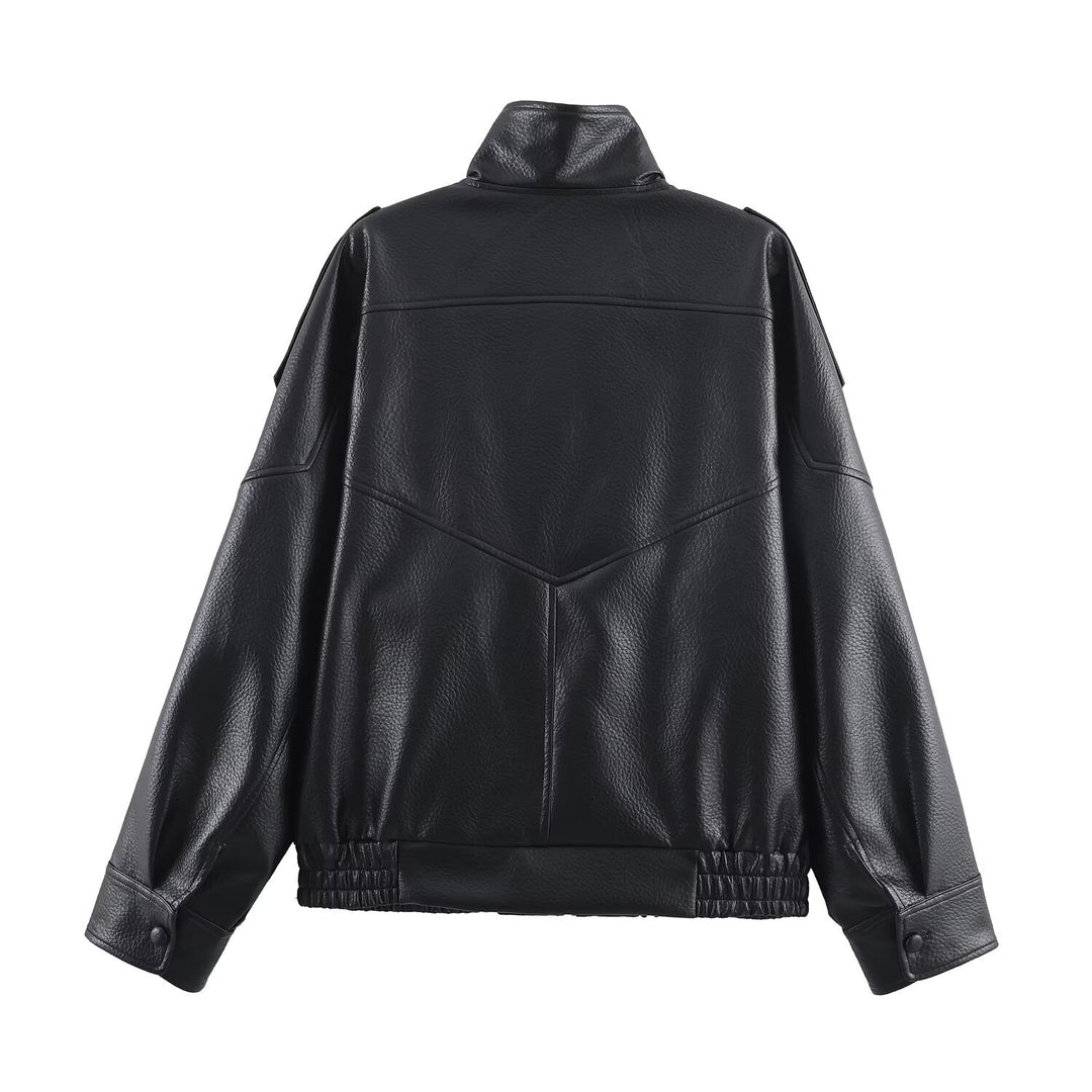 Damen Kunstlederjacke im modernen Design mit hochgeschlossenem Kragen und praktischen Taschen Drune