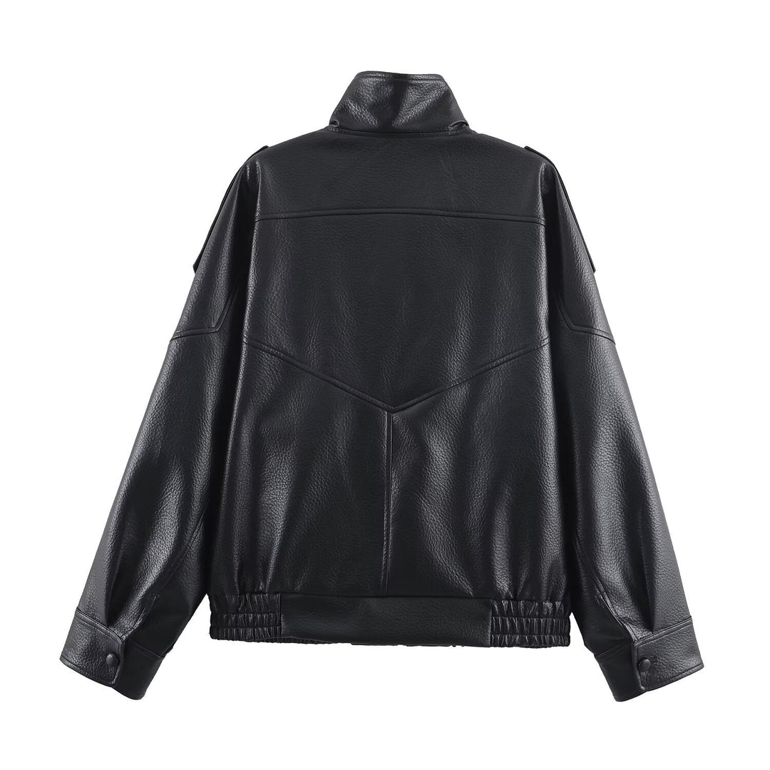 Damen Kunstlederjacke im modernen Design mit hochgeschlossenem Kragen und praktischen Taschen Drune
