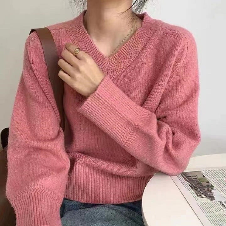 Damen V-Ausschnitt Pullover mit weitem Bündchen Drune