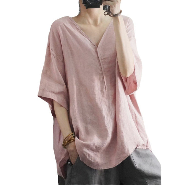 Damen Oversized Leinen-T-Shirt mit V-Ausschnitt und lässigem Schnitt Drune