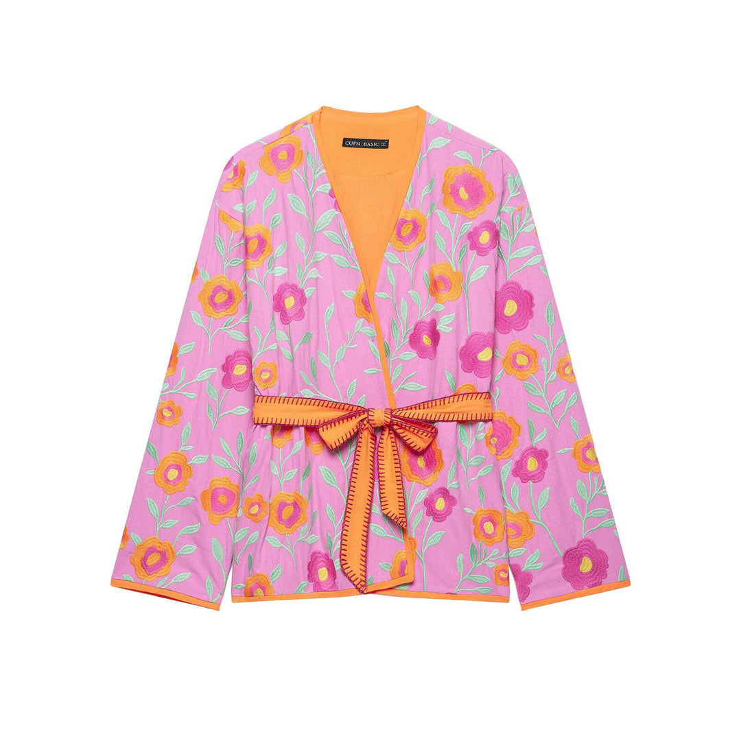 Damen Besticktes Kimono-Blouson mit Taillengürtel und floraler Stickerei Drune