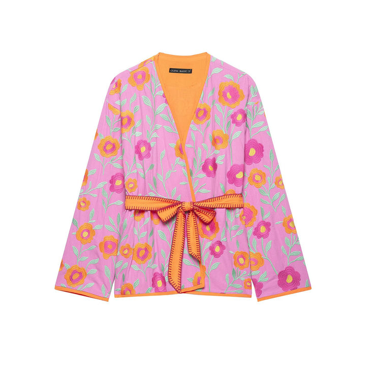 Damen Besticktes Kimono-Blouson mit Taillengürtel und floraler Stickerei Drune