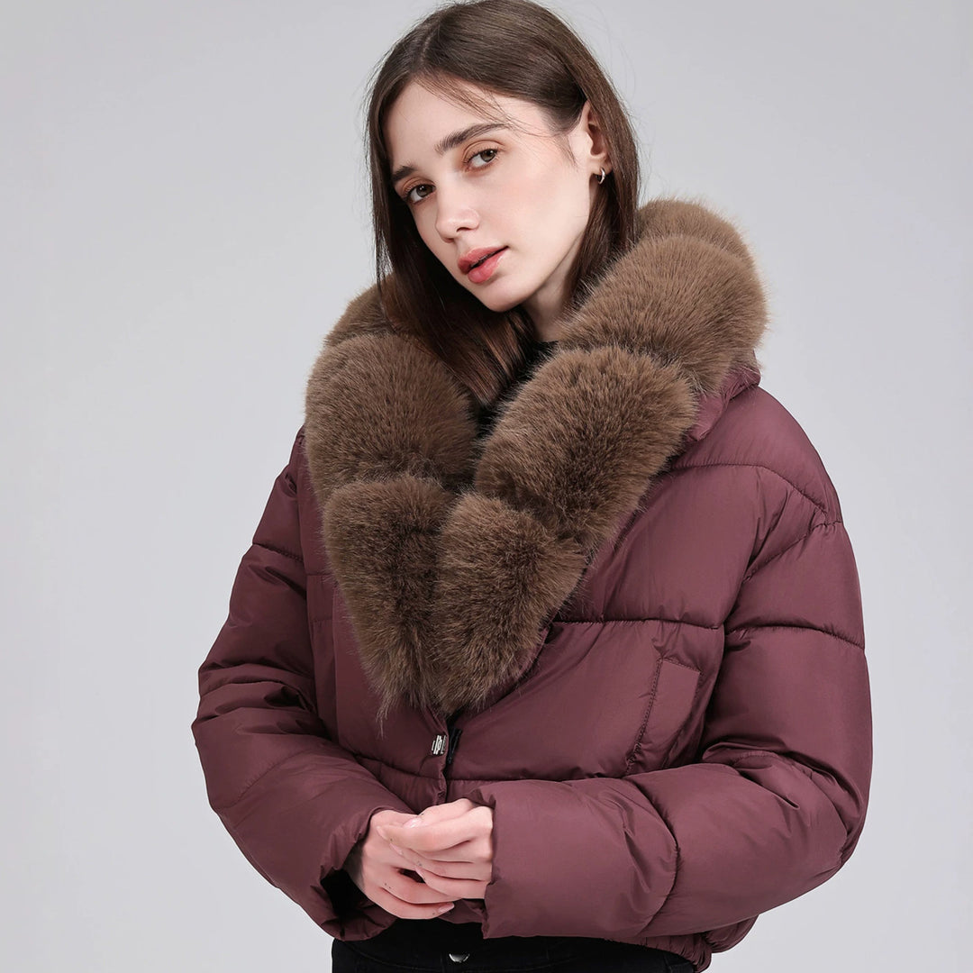 Damen Kurze gesteppte Puffer-Bomberjacke mit extra weitem Kunstfellkragen Drune