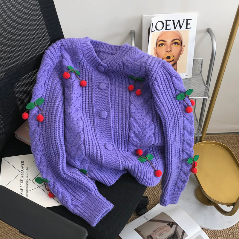 Damen Grobstrickpullover mit floralen Applikationen und Knopfdetails Drune