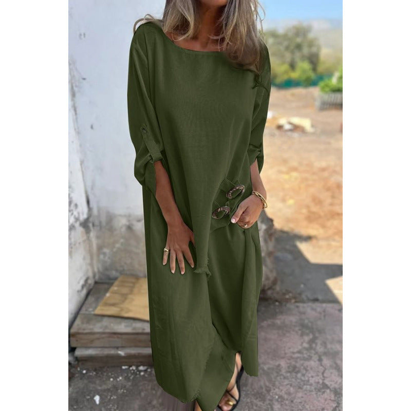 Damen Lässiges Maxikleid mit tiefem Rundhalsausschnitt und praktischen Knopfdetails Drune