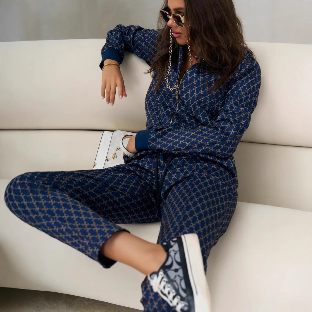 Damen leichtes Jacquard-Lounge-Set mit kurzer Bomberjacke und Highwaist-Tunnelzughose Drune