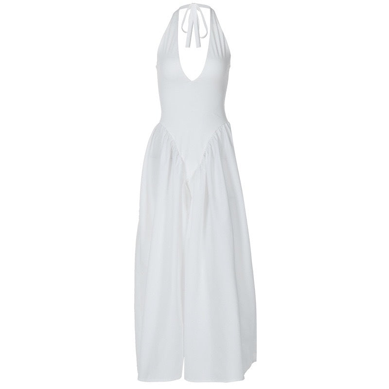Damen Elegantes Maxikleid mit tiefem V-Ausschnitt und fließendem Rock Drune