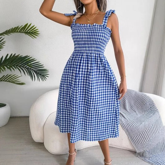 Damen lässiges kariertes A-Linien Kleid mit schmalen Trägern Drune