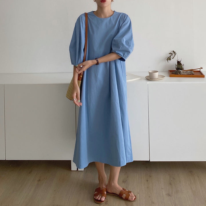 Damen Leichtes A-Linien Midikleid aus Baumwoll-Popeline mit ballonförmigen Ellenbogenärmeln Drune