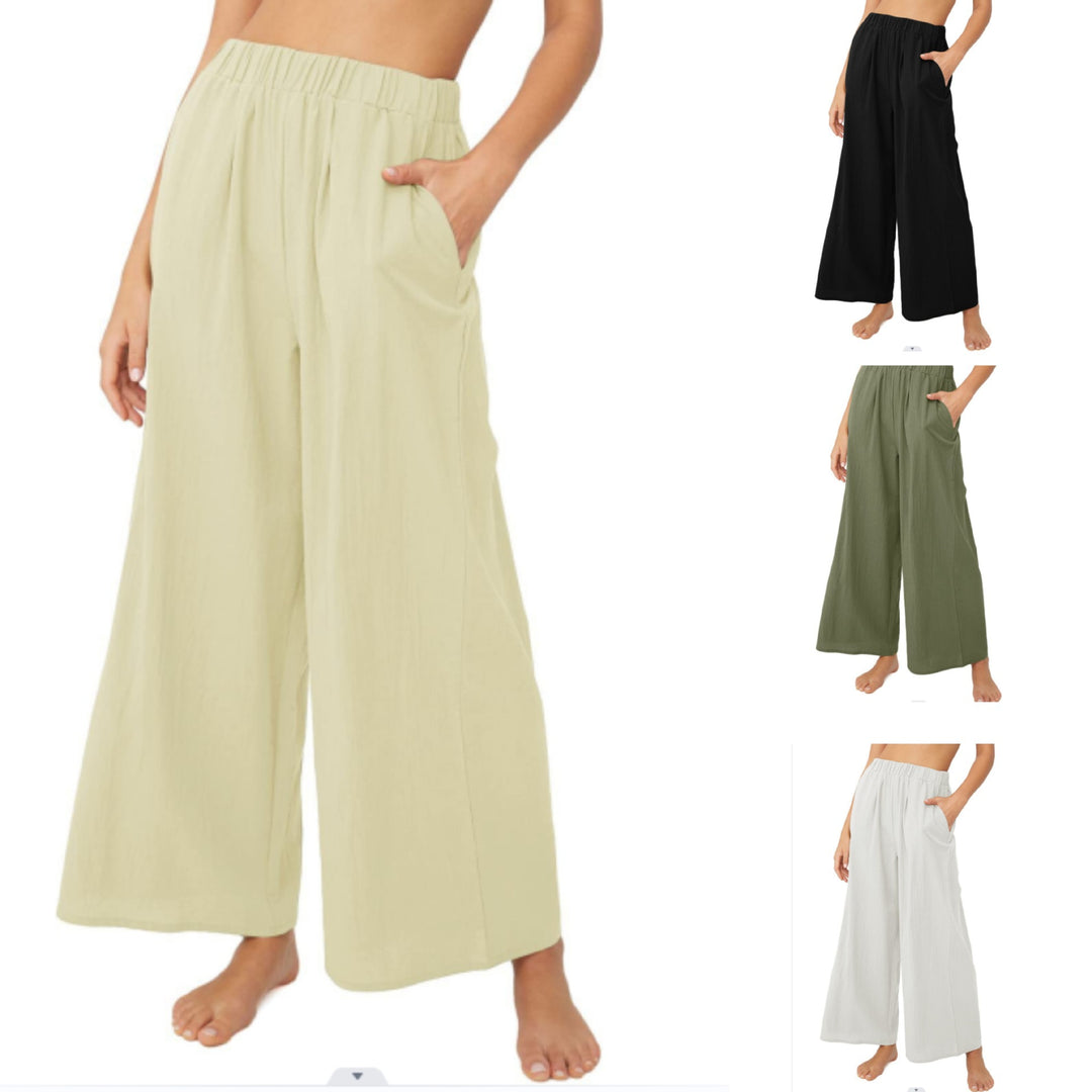 Damen Leichte Palazzo-Hose mit weitem Bein, elastischem Bund und Eingrifftaschen Drune
