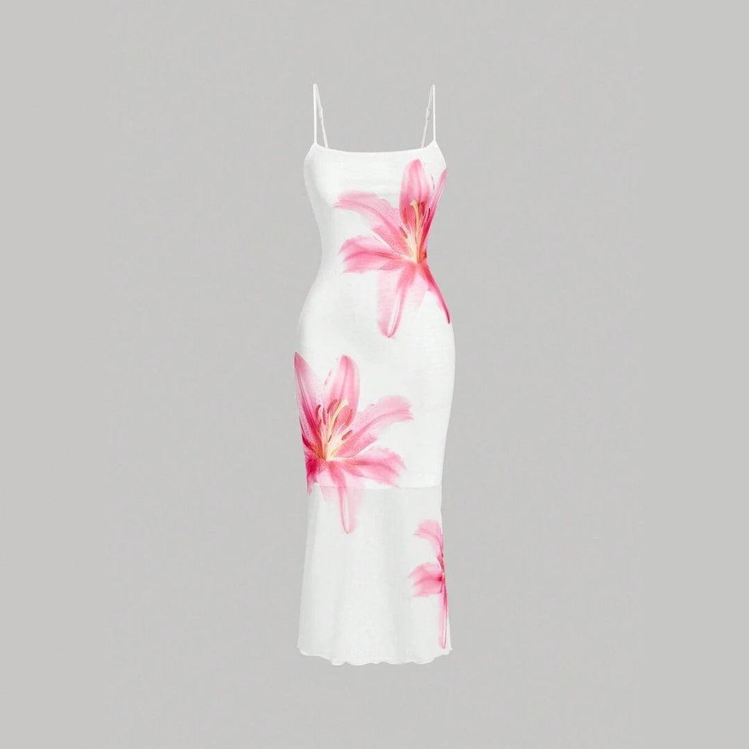 Damen sommerliches Blumenkleid mit feinen Spaghetti-Trägern und fließendem Schnitt Drune